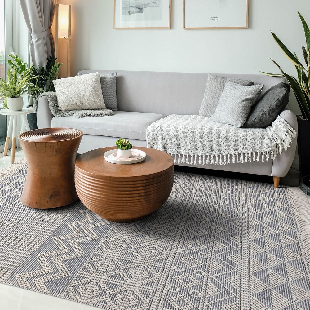 ANYA01 Boho Geometric Zig Zag Rug in Ivory Slate Grey